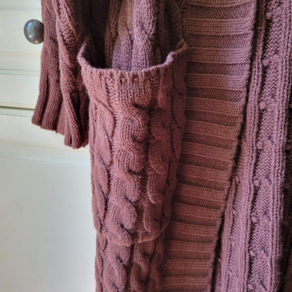 Chunky Cable Knit Open Front Longline Cardigan Patch Pockets - Picture 3 of 10